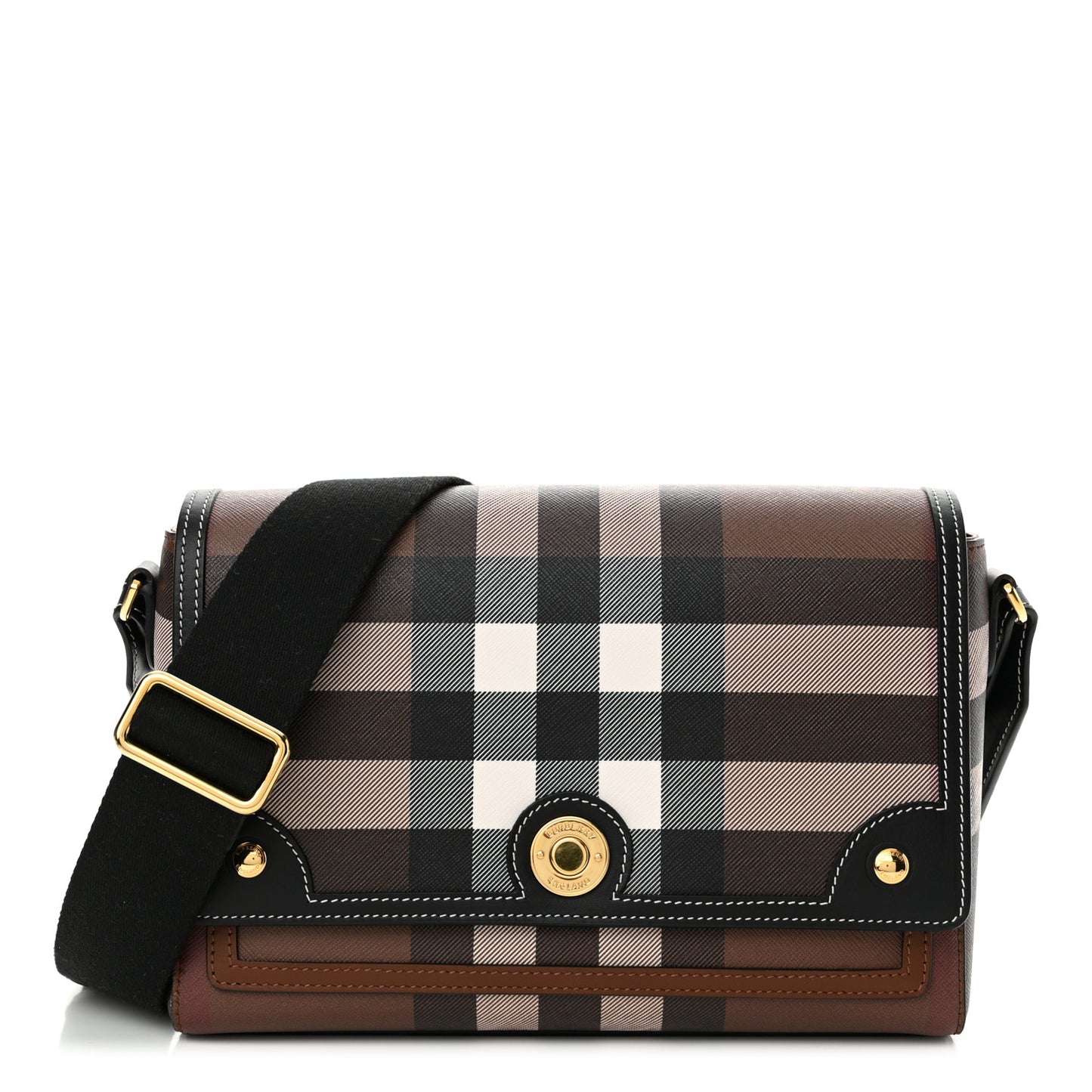 Calfskin Giant Check E-Canvas Note Crossbody Bag Dark Birch Brown