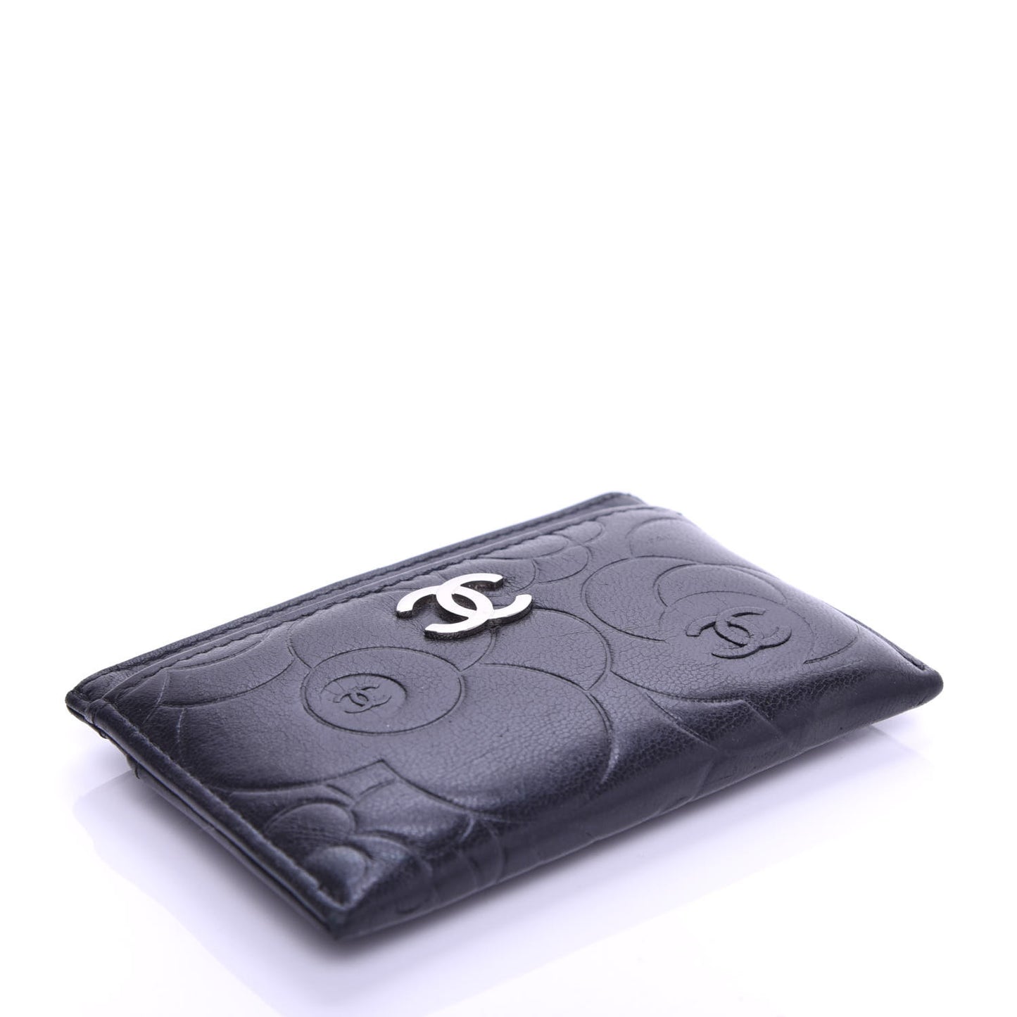 Lambskin Camellia Embossed Card Holder Black