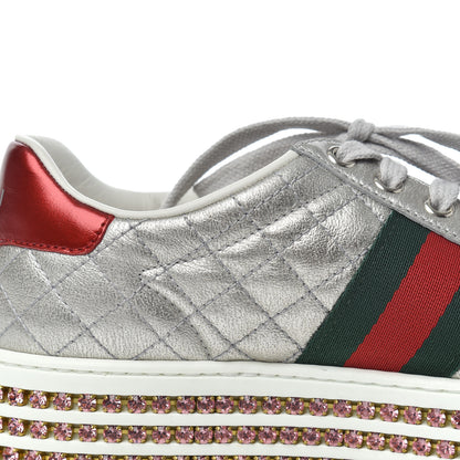 Gucci Laminated Nappa Crystal Web Bee Embroidered Trapuntata Womens Ace Platform Sneakers 36.5 Argento 17 of 21