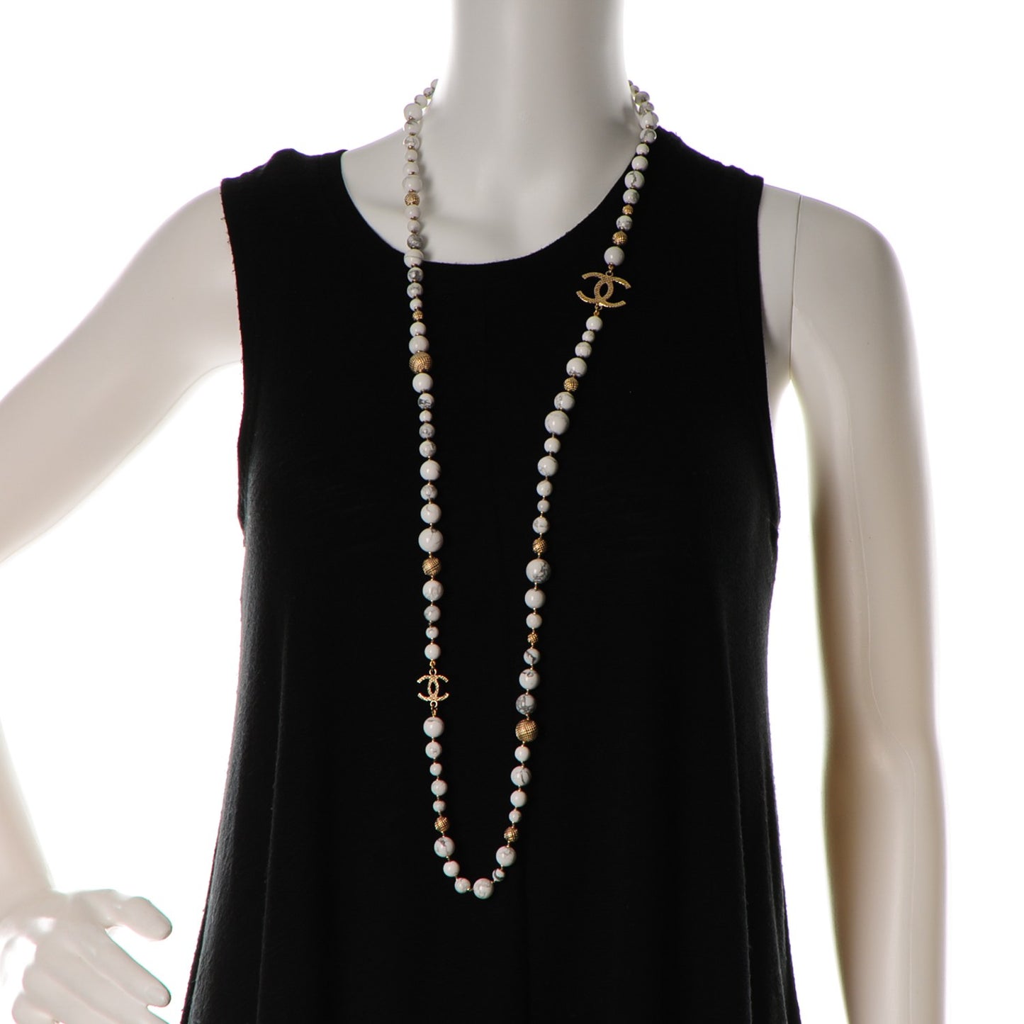 Bead CC Long Necklace Gold White