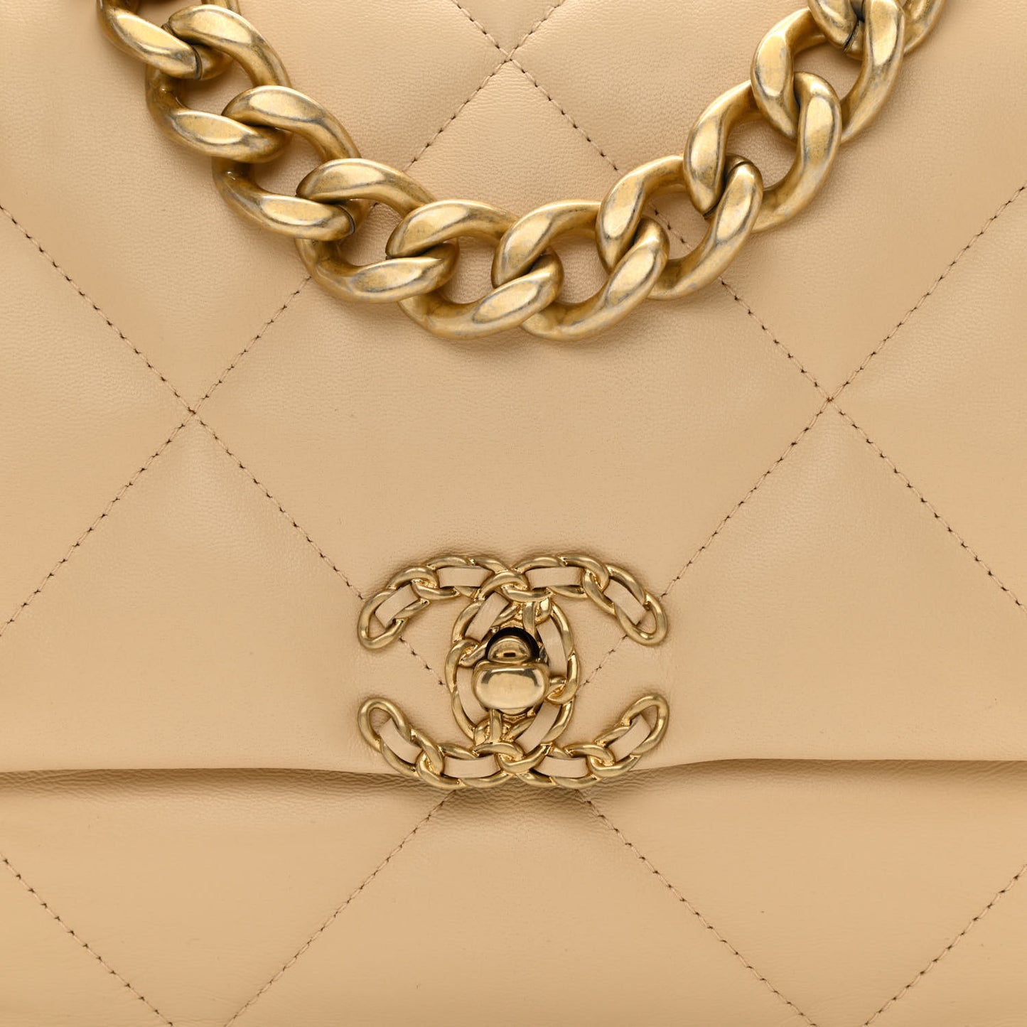 Shiny Goatskin Quilted Large Chanel 19 Flap Beige