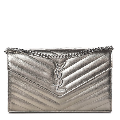Saint Laurent Metallic Grain De Poudre Matelasse Chevron Monogram Chain Wallet Piombo 1 of 8