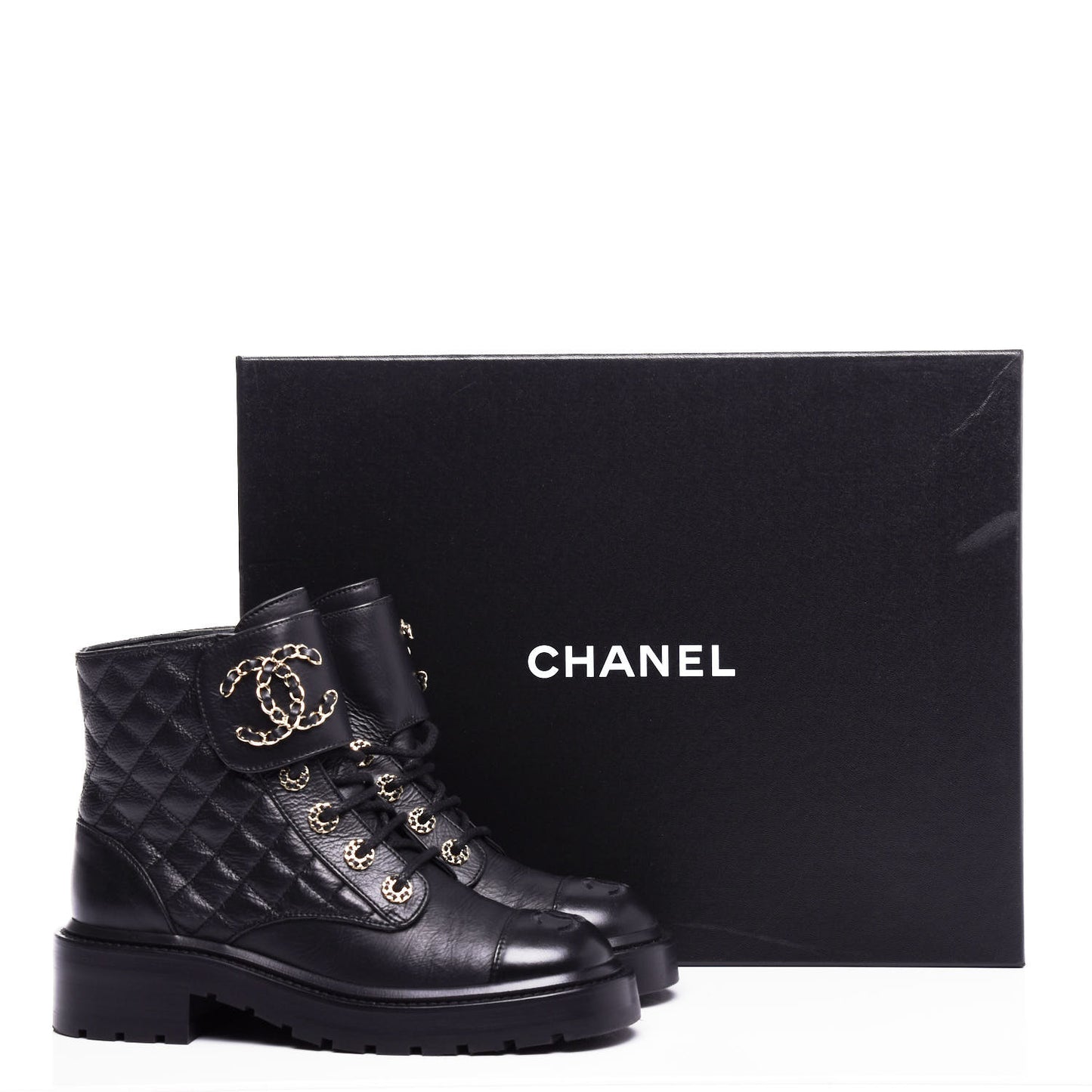 Shiny Goatskin Calfskin Quilted Lace Up Combat Boots 36.5 Black