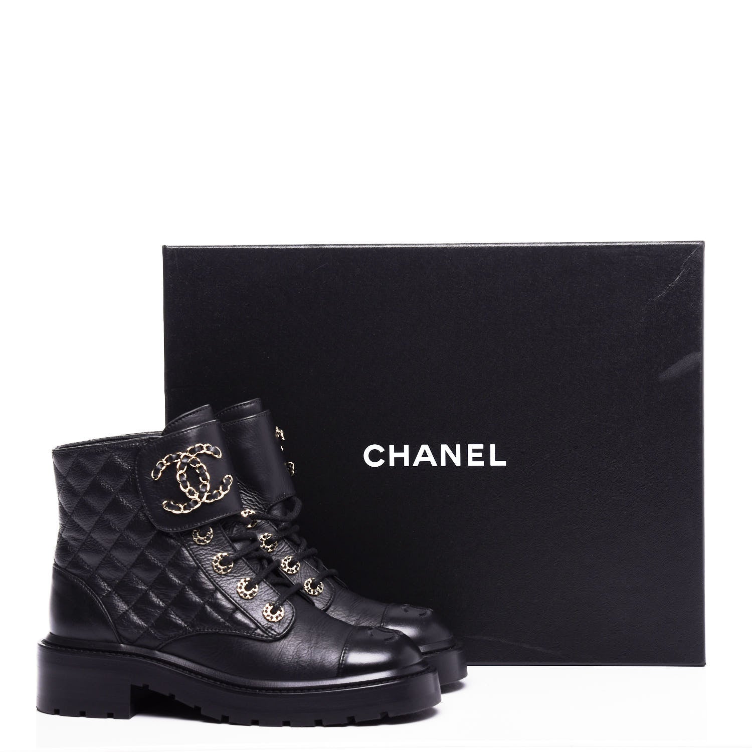 Chanel Shiny Goatskin Calfskin Quilted Lace Up Combat Boots 36.5 Black 10 of 10