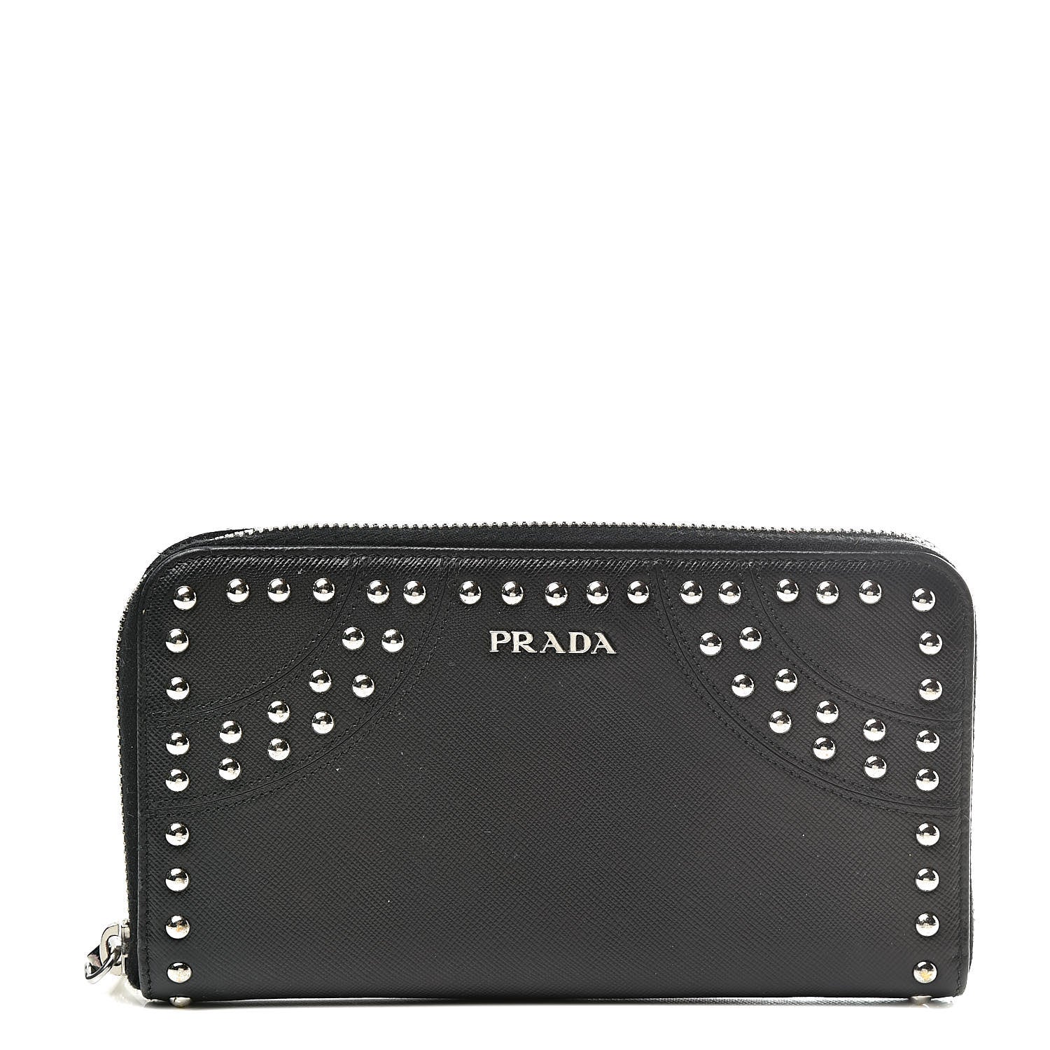 Prada Saffiano Studded Zip Around Wallet Black 1 of 9