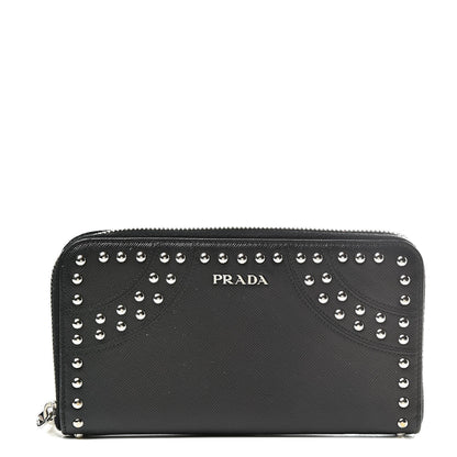 Prada Saffiano Studded Zip Around Wallet Black 1 of 9