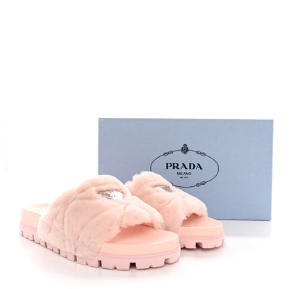 Prada Shearling Metal Triangle Logo Lug Sole 20mm Slide Sandals 38.5 Orchidea 9 of 9