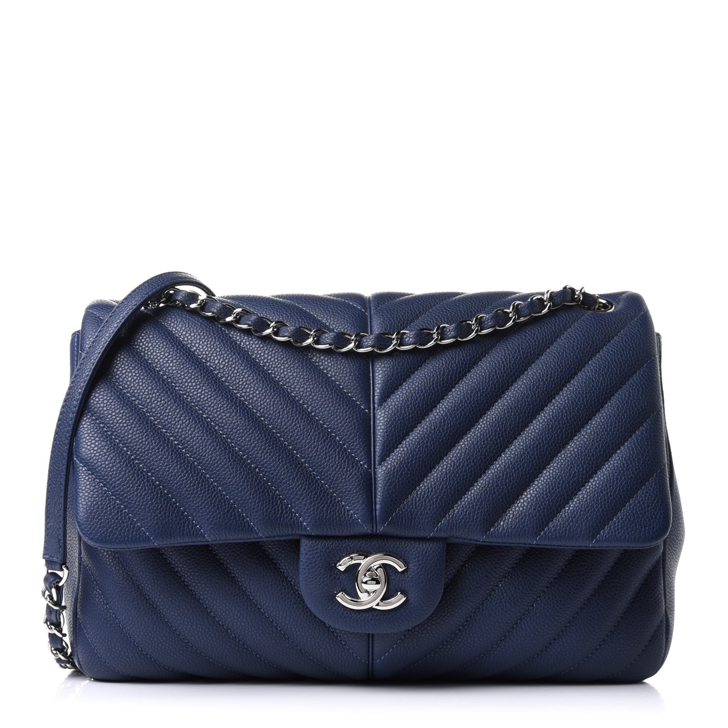 Caviar Chevron Quilted Large Puffy CC Flap Navy