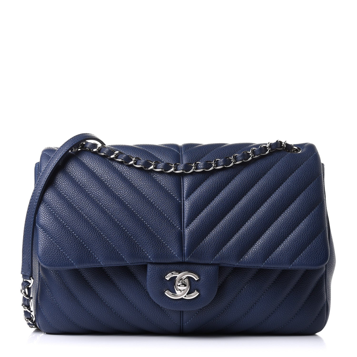 Chanel Caviar Chevron Quilted Large Puffy CC Flap Navy 1 of 13