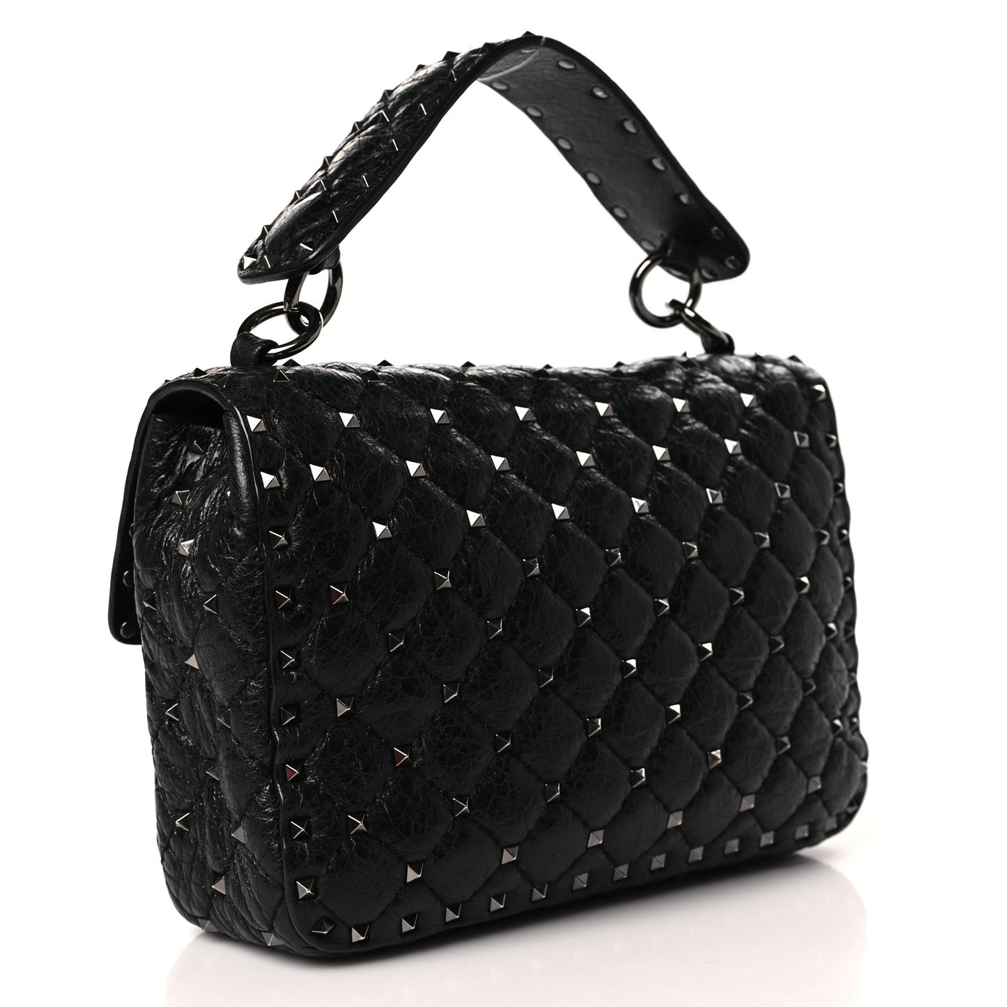 Craquele Nappa Medium Rockstud Spike Shoulder Bag Black
