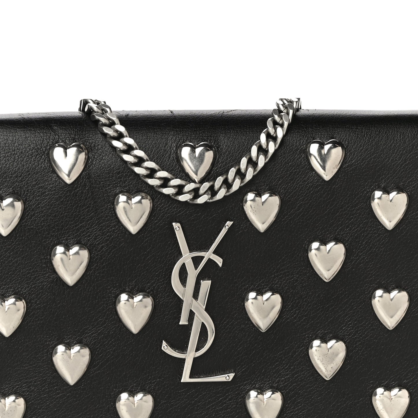 Calfskin Heart Studded Monogram Chain Wallet Black