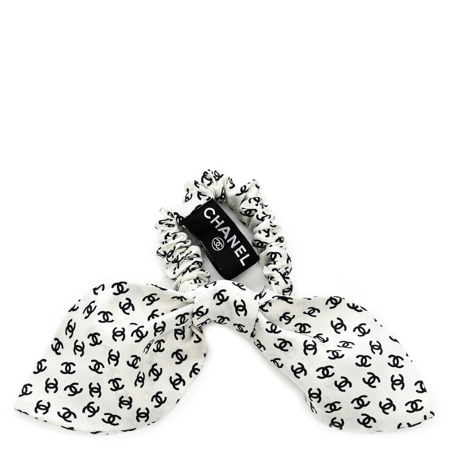 Chanel Silk Twill CC Scarf Hair Tie Black White 1 of 5