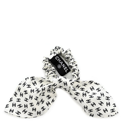 Chanel Silk Twill CC Scarf Hair Tie Black White 1 of 5