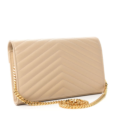 Saint Laurent Grain De Poudre Matelasse Chevron Monogram Chain Wallet Deep Beige 3 of 12