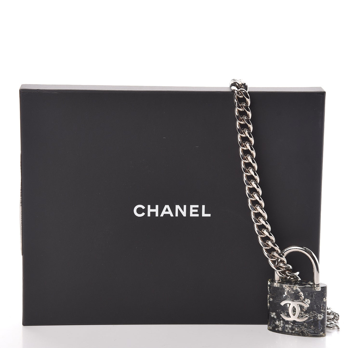 Resin CC Oversized Padlock Chain Necklace Silver Pearly White