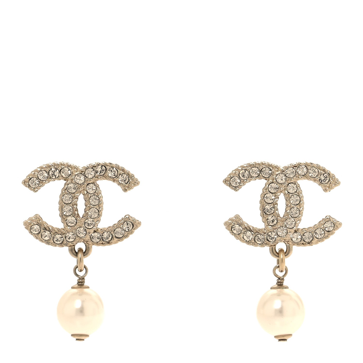 Chanel Pearl Crystal CC Drop Earrings Gold 1 of 5