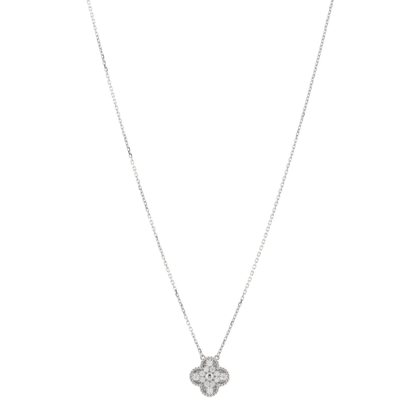 18K White Gold Diamond Vintage Alhambra Pendant Necklace