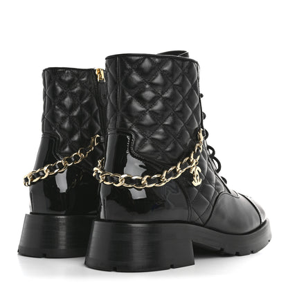 Chanel Shiny Calfskin Patent Quilted Chain Lace Up Combat Boots 39.5 Black 5 of 9