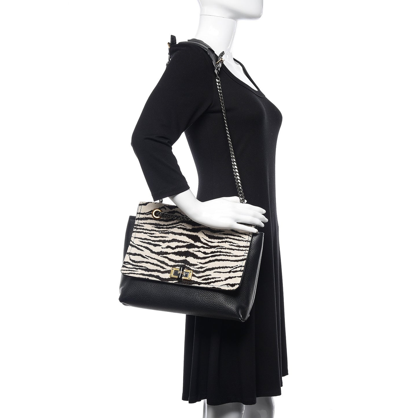 Pony Hair Calfskin Zebra Print Medium Happy Shoulder Bag Black White