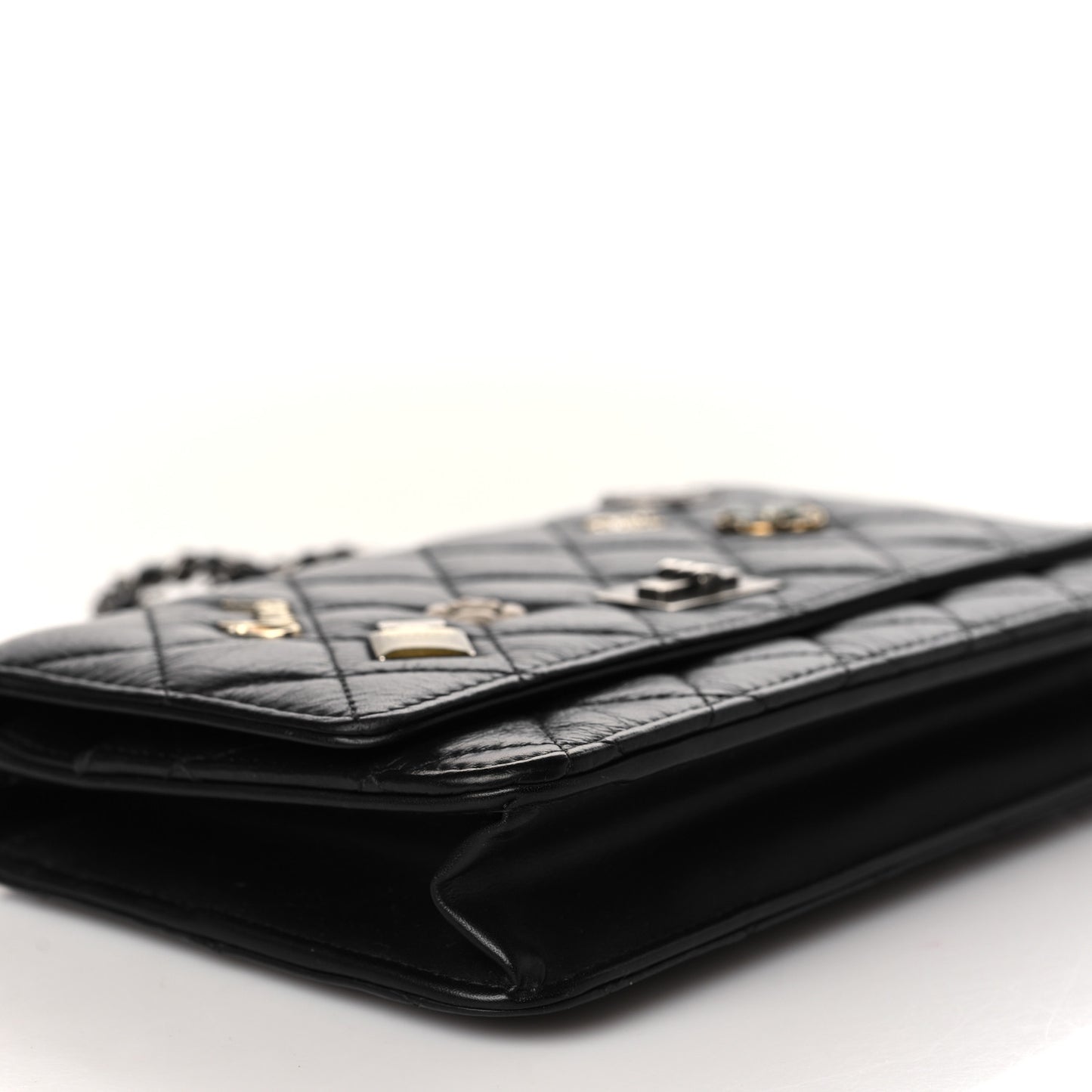 Aged Calfskin Quilted Lucky Charms 2.55 Reissue Wallet On Chain WOC Black