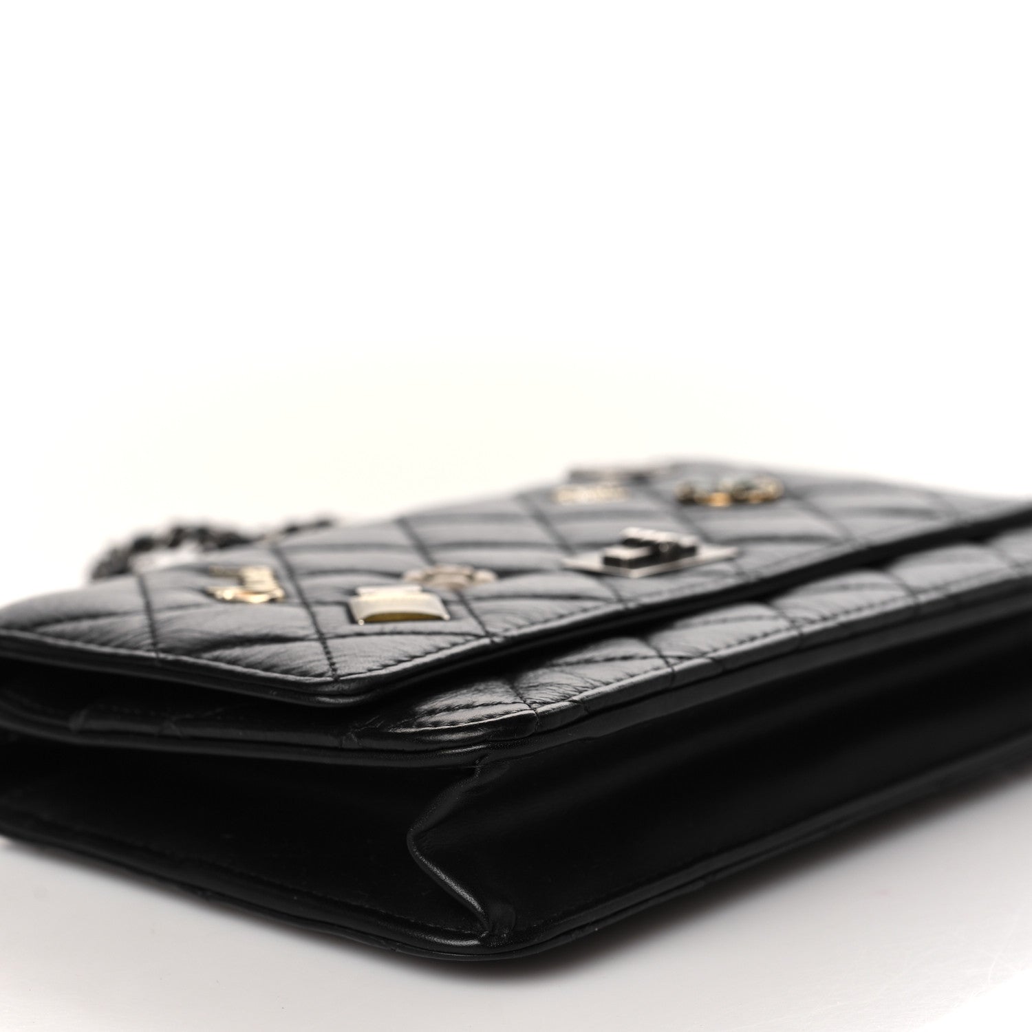 Chanel Aged Calfskin Quilted Lucky Charms 2.55 Reissue Wallet On Chain WOC Black 9 of 10