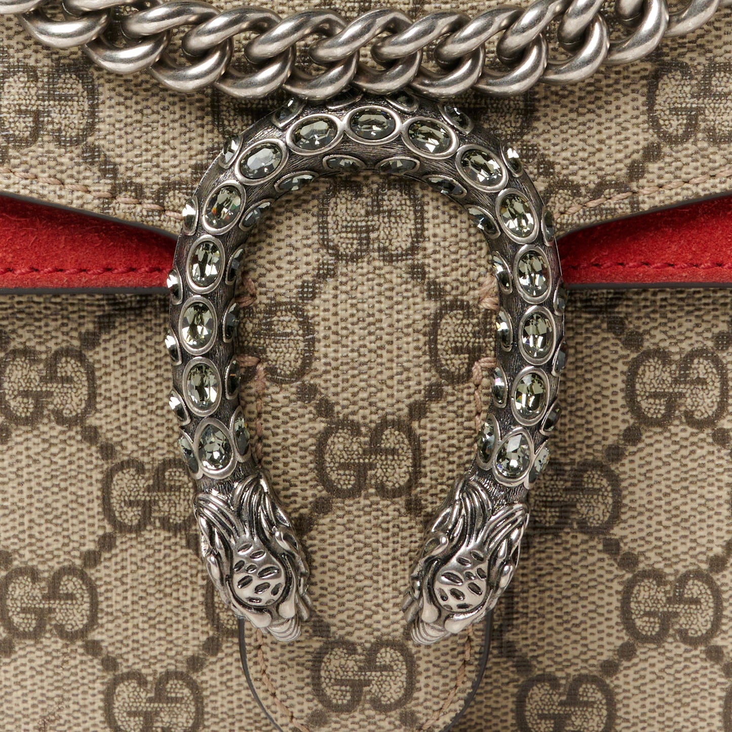 GG Supreme Monogram Suede Crystal Small Dionysus Shoulder Bag Beige Ebony Vulcanic Red