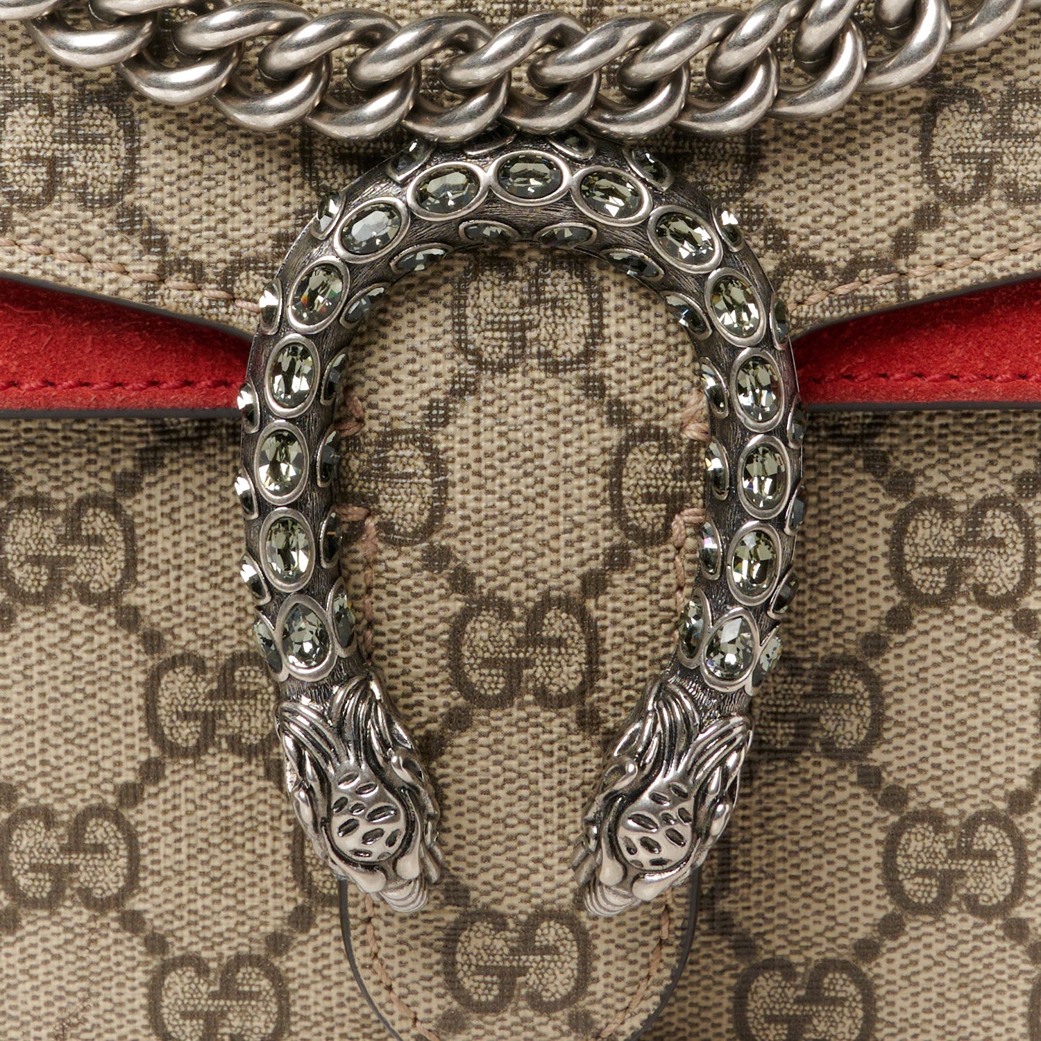 Gucci GG Supreme Monogram Suede Crystal Small Dionysus Shoulder Bag Beige Ebony Vulcanic Red 8 of 10