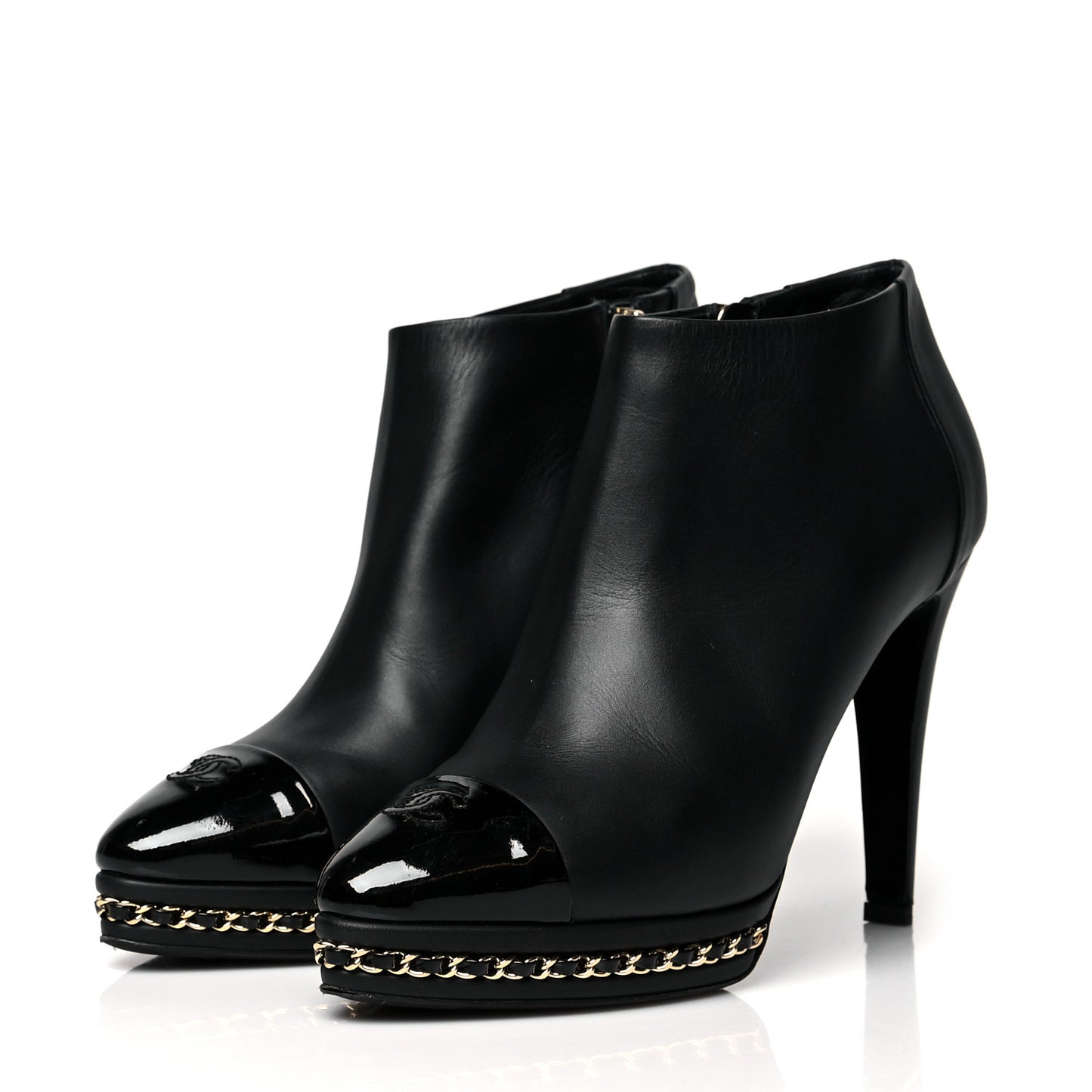 Lambskin CC Platform Cap Toe Chain Ankle Boots 40 Black