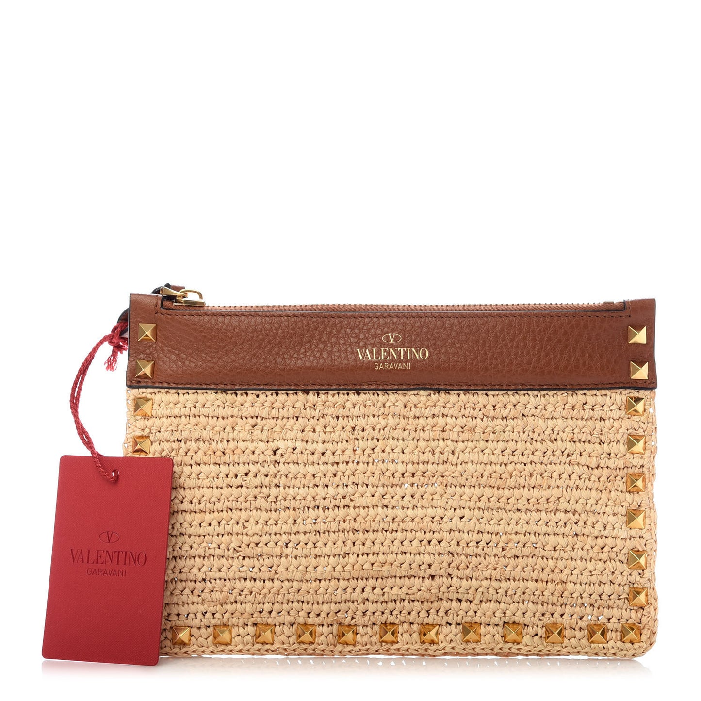 Raffia Calfskin Small Rockstud Zip Pouch Natural Saddle Brown