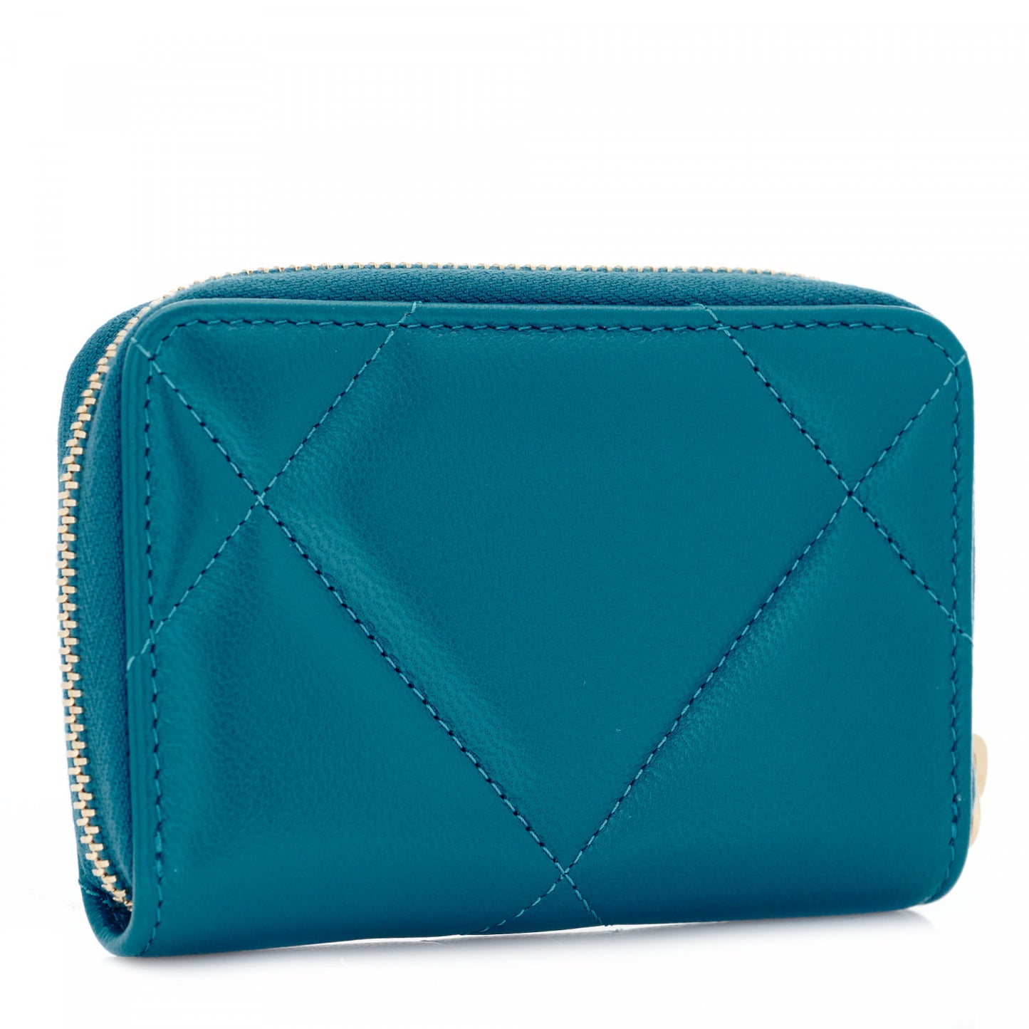 Lambskin Quilted Chanel 19 Zip Around Coin Purse Wallet Turquoise