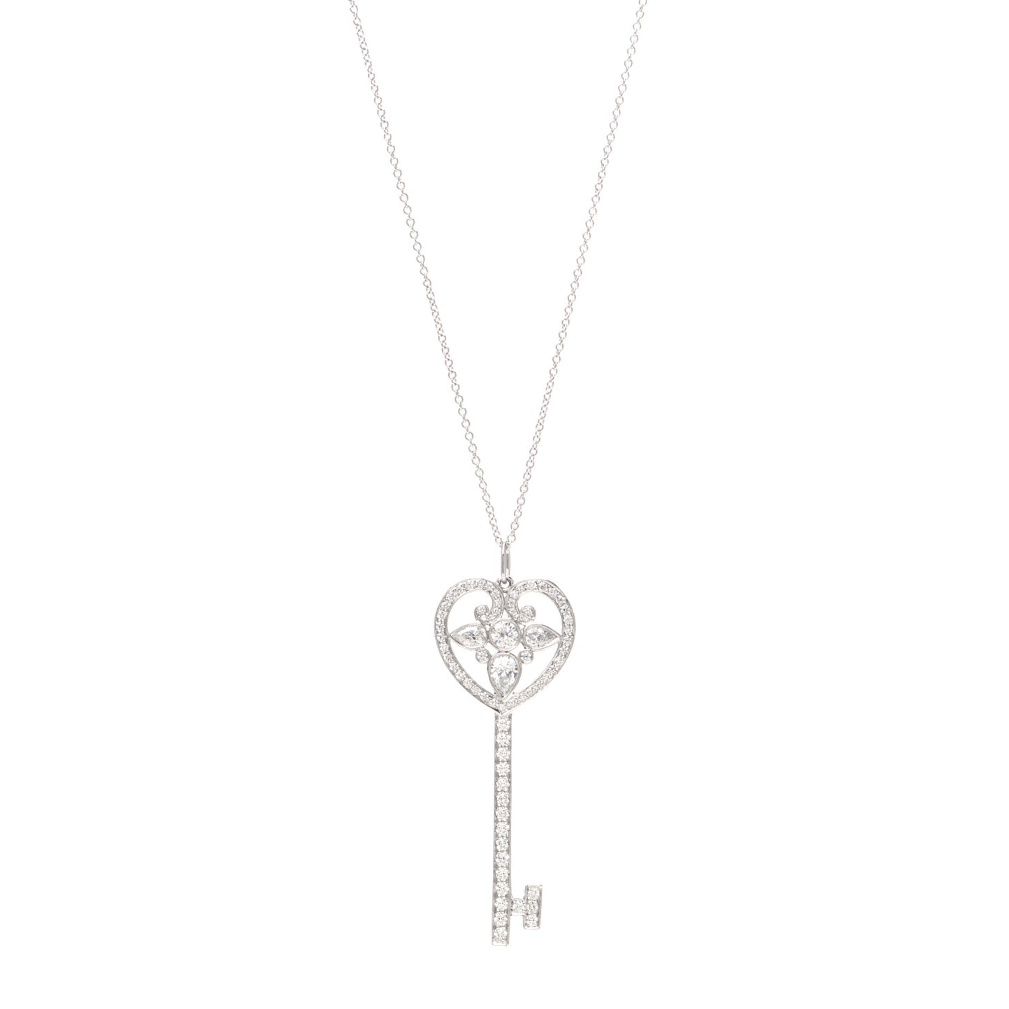 Platinum Diamond Ornate Heart Key Pendant Necklace