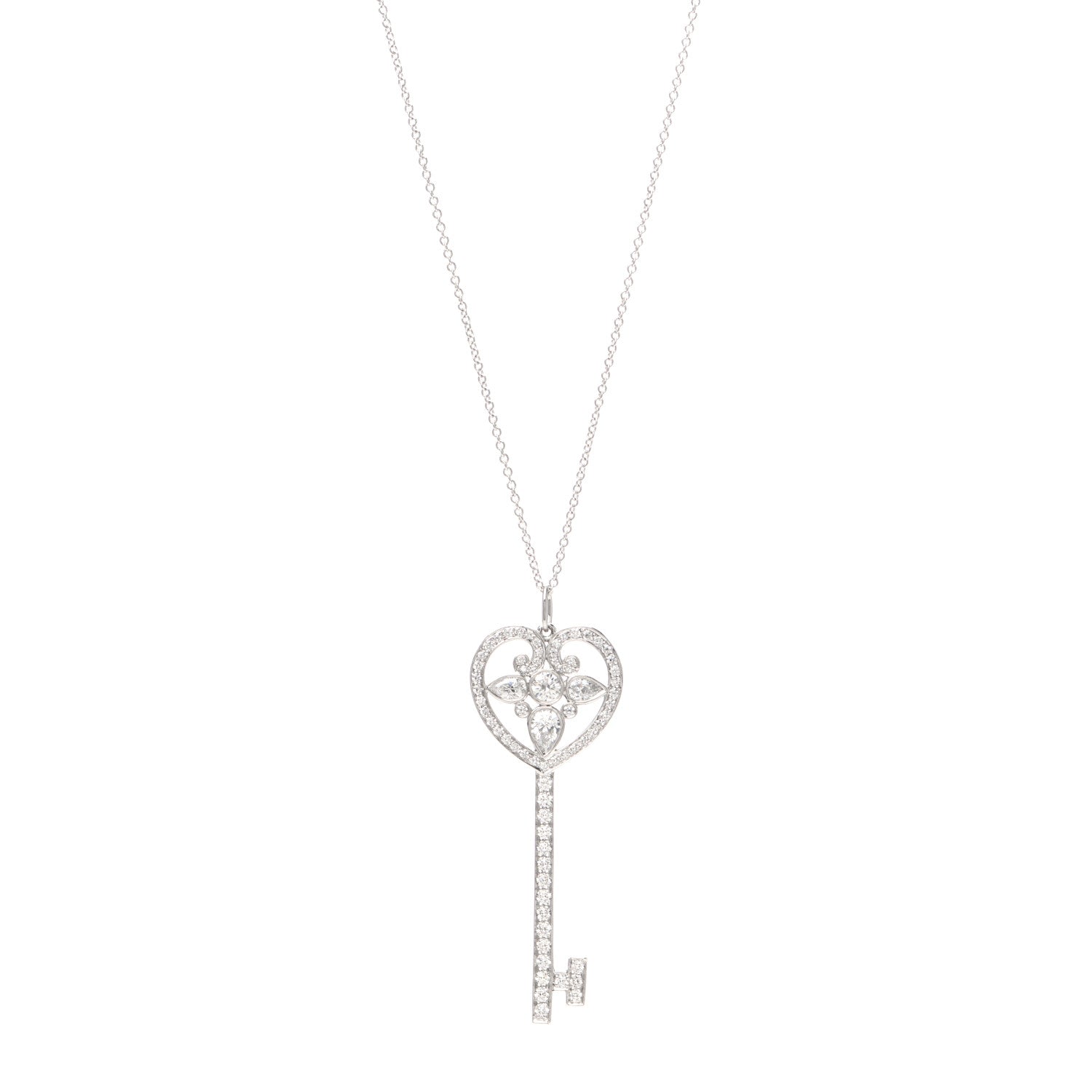 Tiffany Platinum Diamond Ornate Heart Key Pendant Necklace 1 of 6