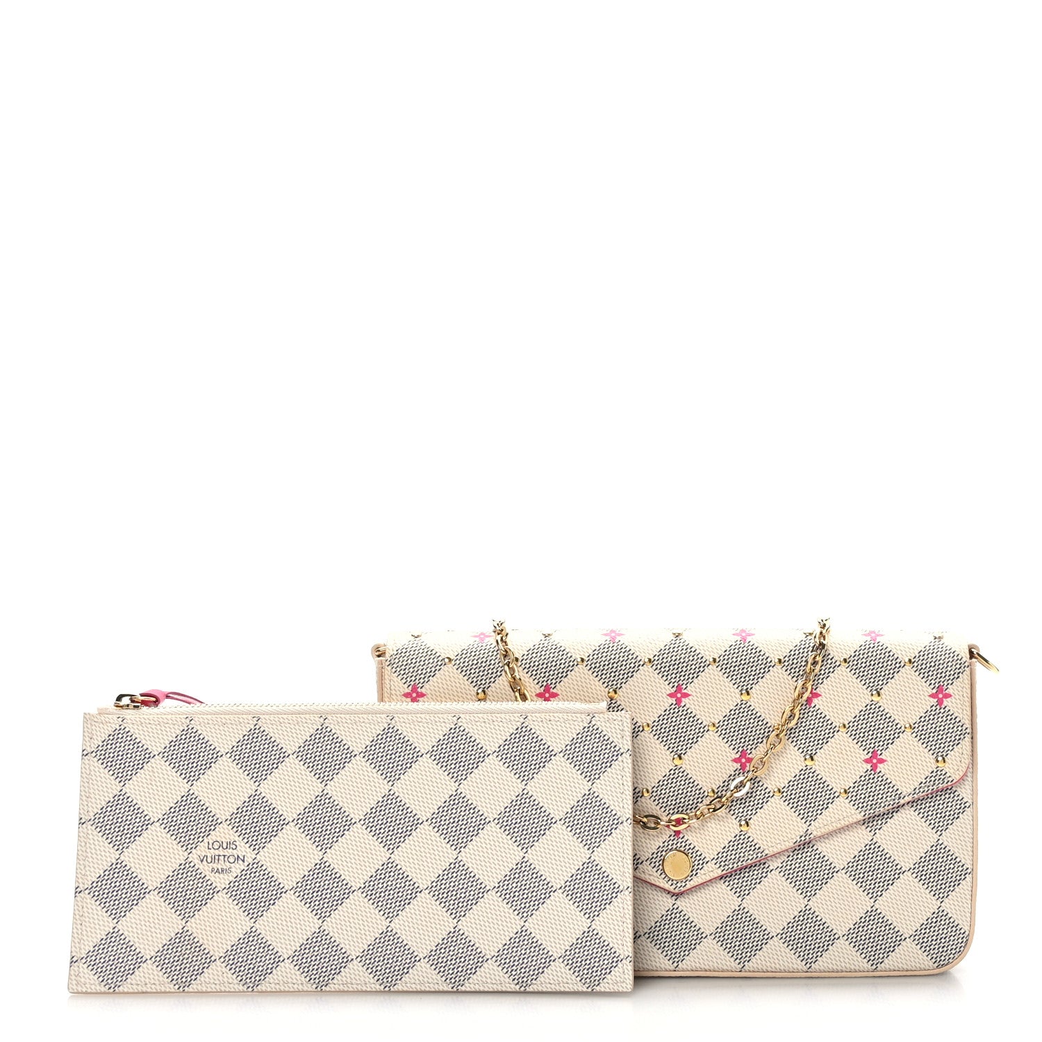 Louis Vuitton Damier Azur Studded Pochette Felicie Chain Wallet Fuchsia 1 of 9