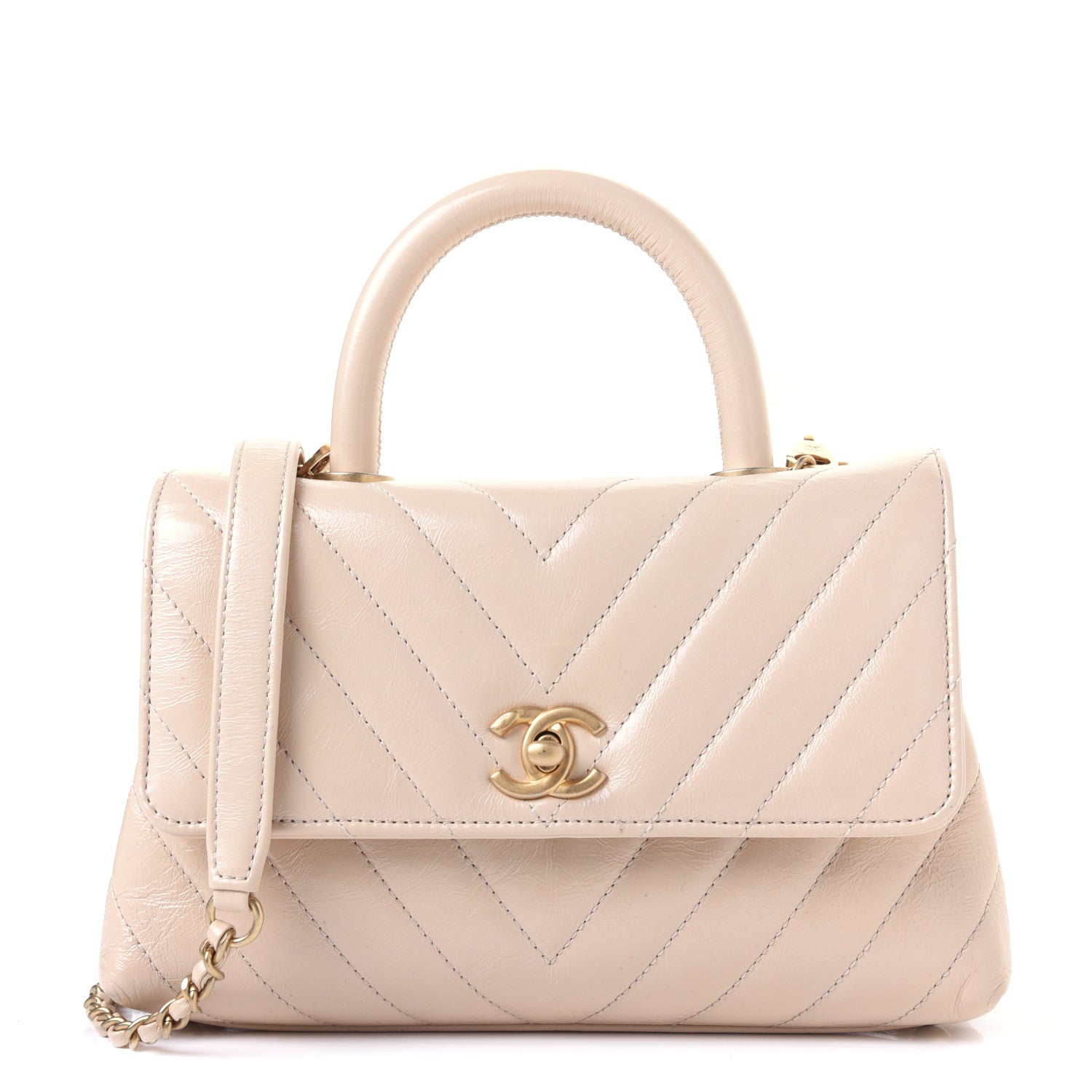 Chanel Calfskin Chevron Quilted Mini Coco Handle Flap Beige 1 of 20