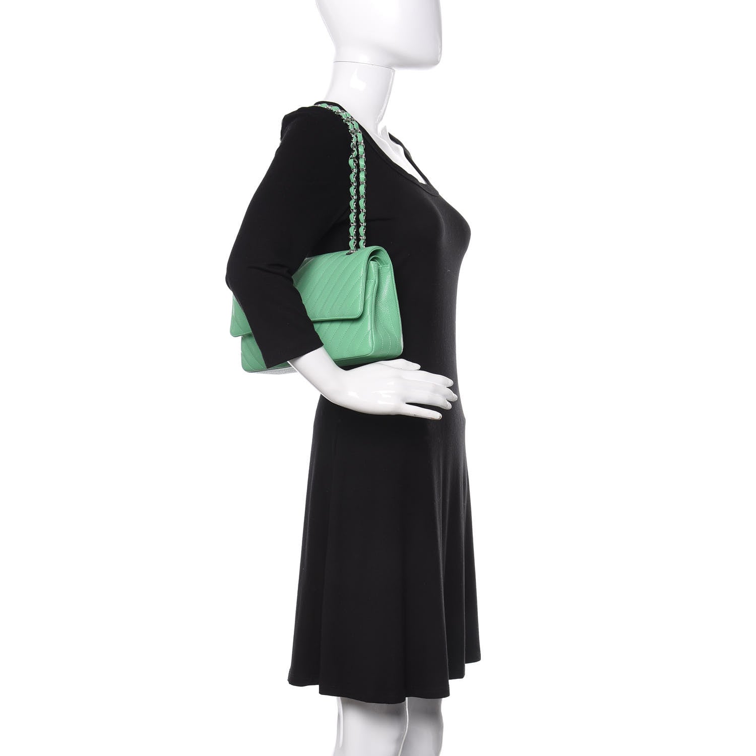 Chanel Caviar Chevron Quilted Medium Double Flap Green 3 of 11