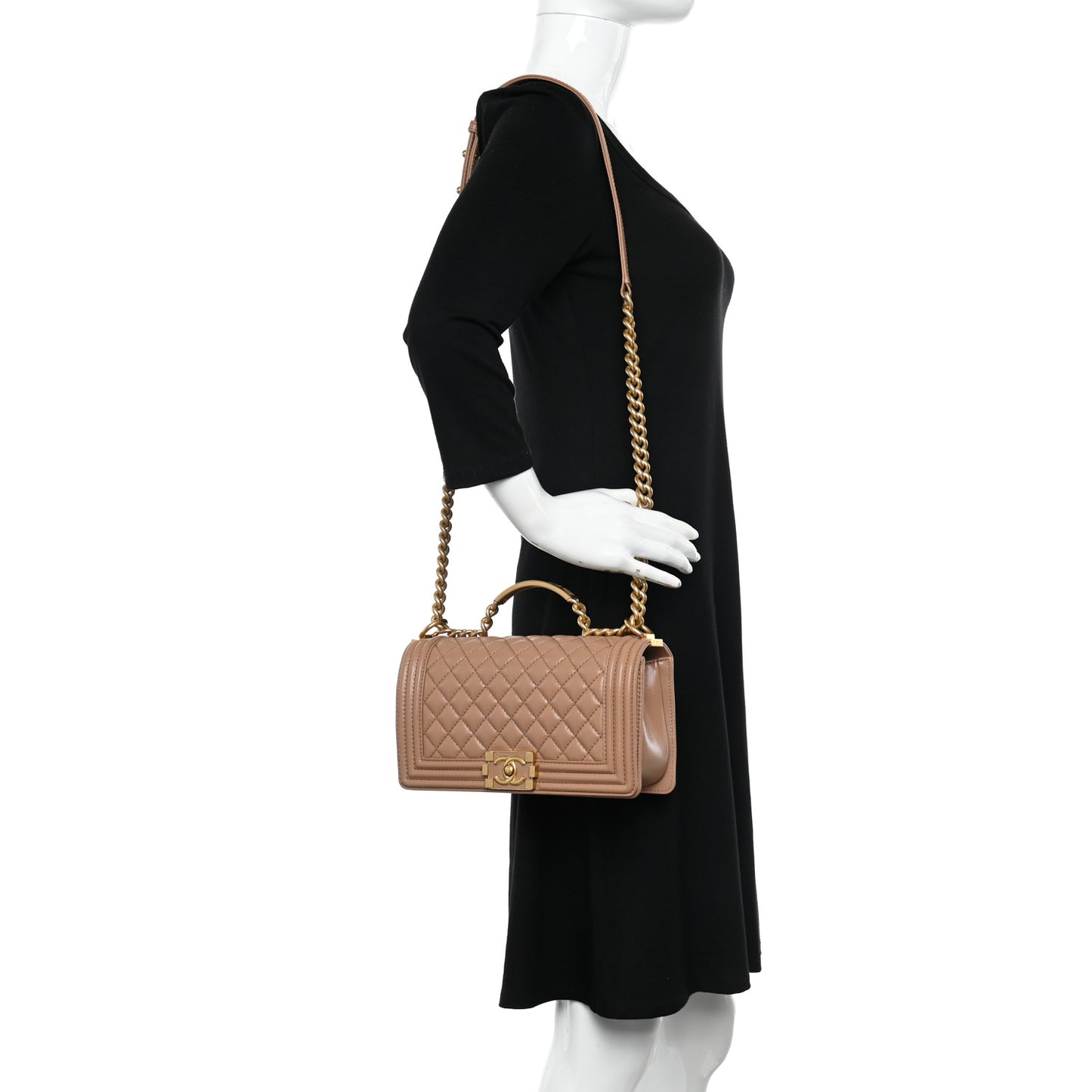 Caviar Quilted Medium Top Handle Boy Flap Dark Beige