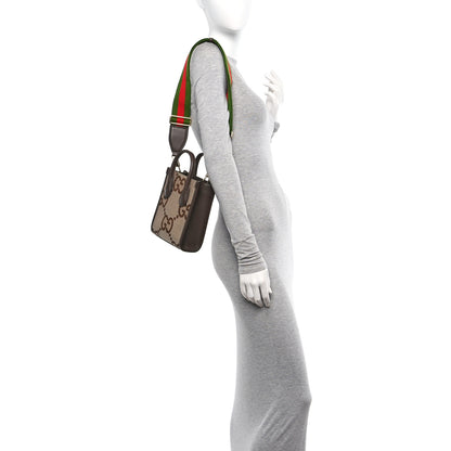 Gucci Monogram Jumbo GG Textured Dollar Calfskin Web Mini Vertical Tote Camel Ebony New Acero 2 of 12