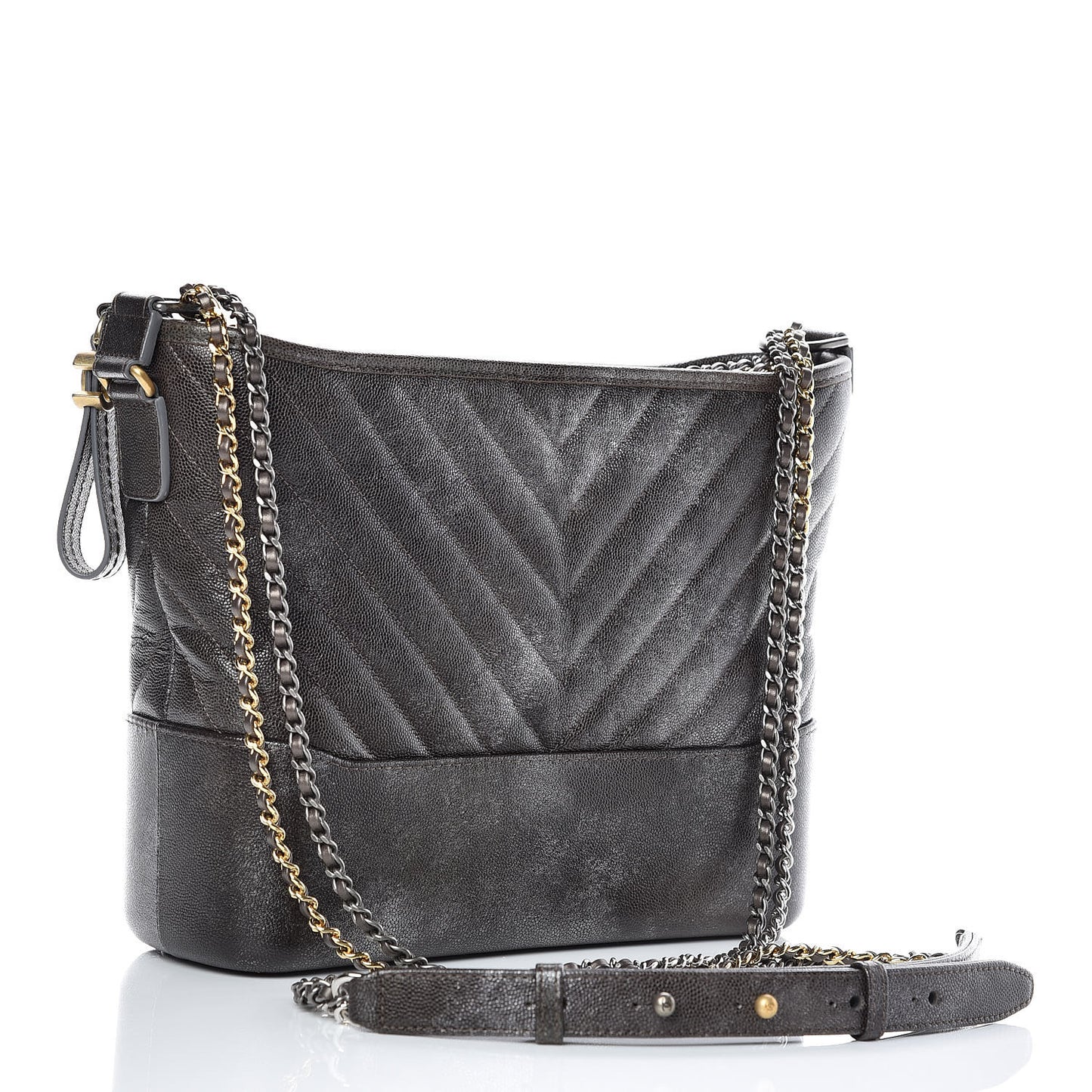 Metallic Caviar Chevron Quilted Medium Gabrielle Hobo Dark Silver Gold