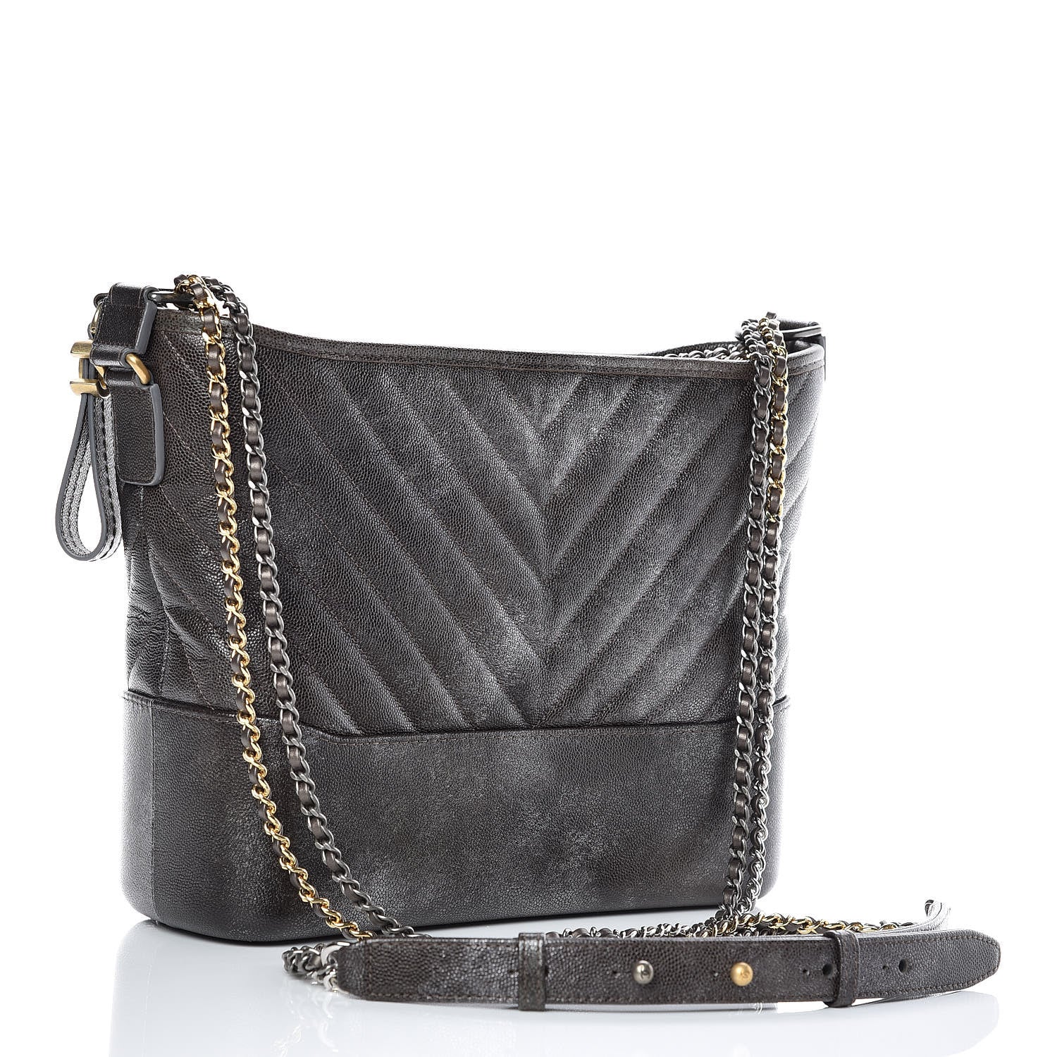 Chanel Metallic Caviar Chevron Quilted Medium Gabrielle Hobo Dark Silver Gold 3 of 9