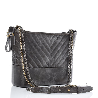 Chanel Metallic Caviar Chevron Quilted Medium Gabrielle Hobo Dark Silver Gold 3 of 9
