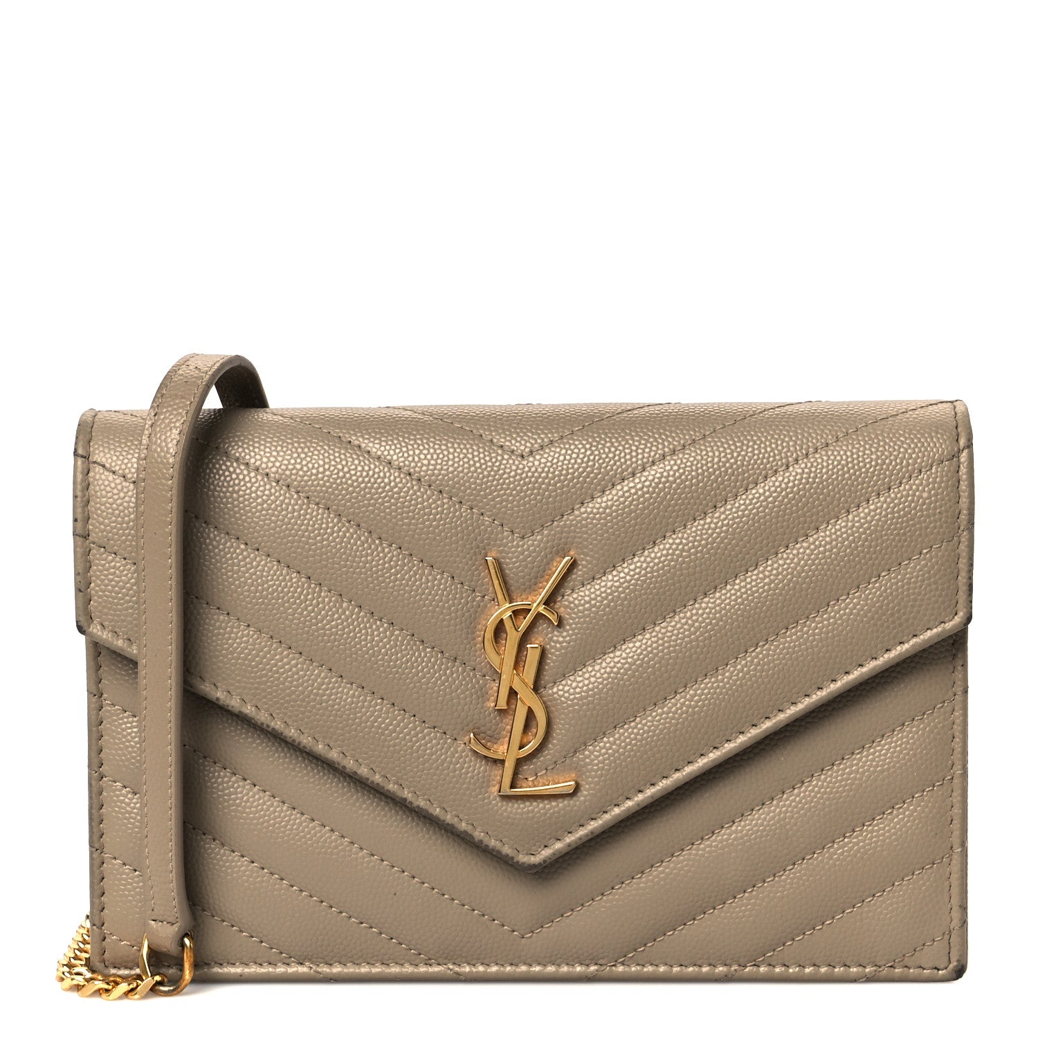 Saint Laurent Grain De Poudre Matelasse Chevron Monogram Envelope Chain Wallet Dark Beige 1 of 13
