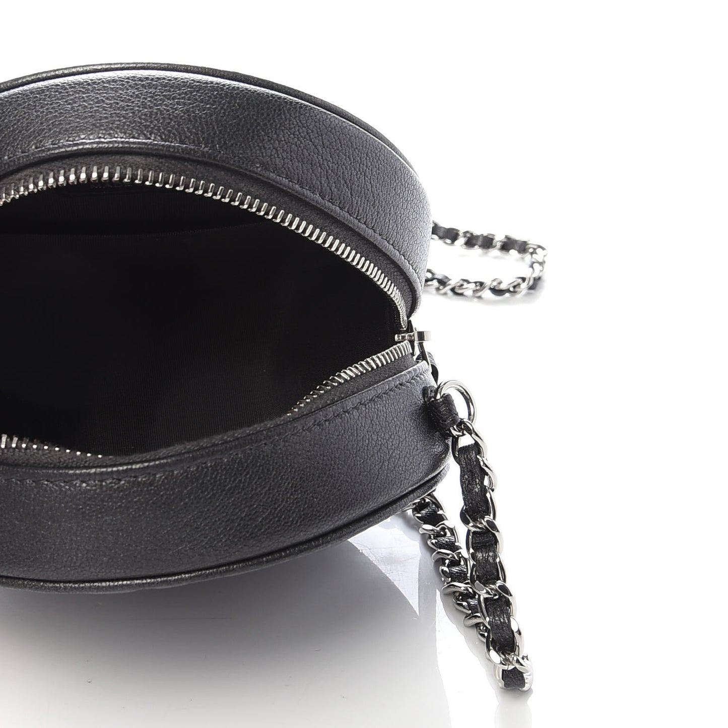 Goatskin Camellia Quilted Round Clutch With Chain Grey