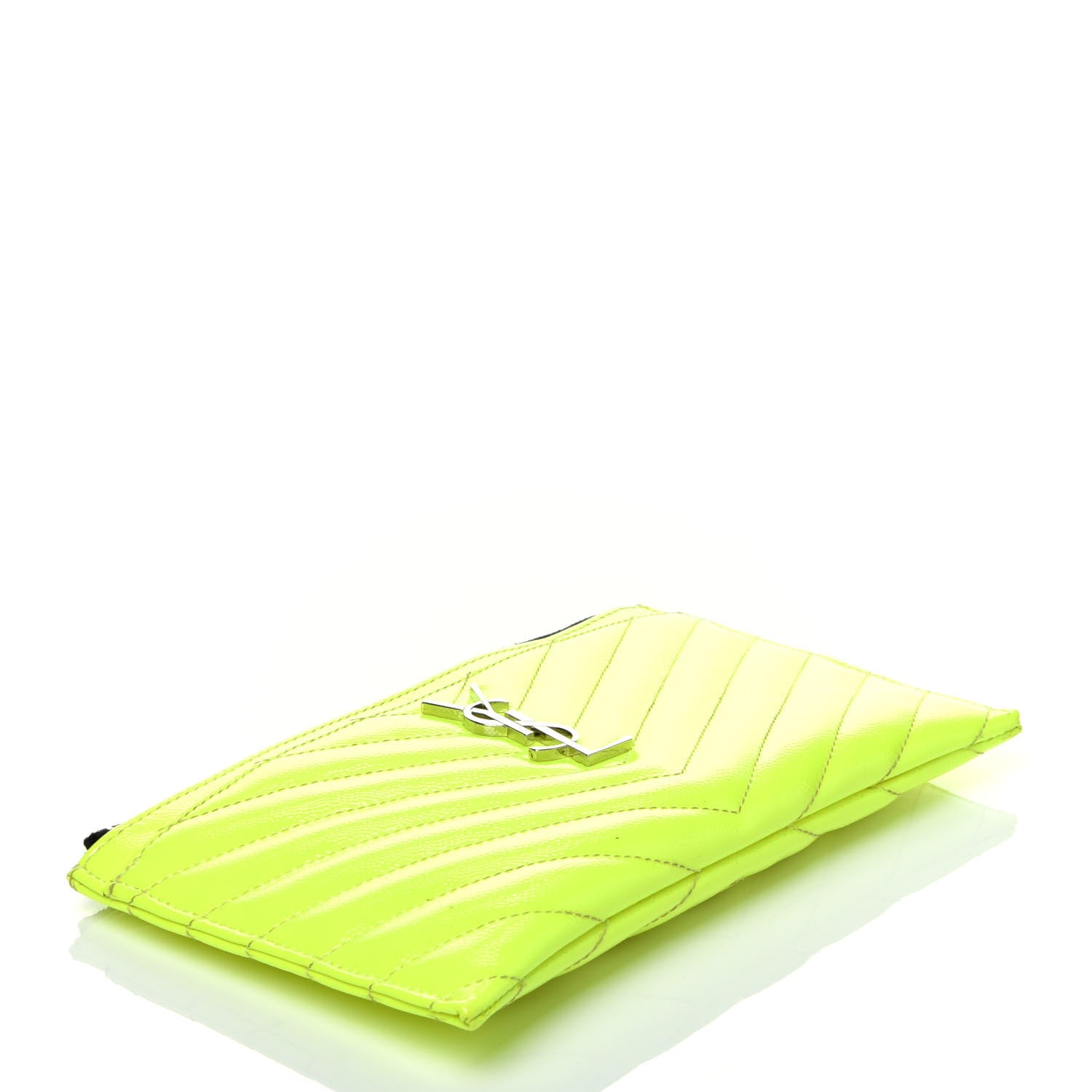 Saint Laurent Patent Grain De Poudre Matelasse Chevron Monogram Bill Pouch Neon Yellow 4 of 7