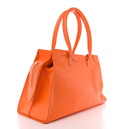 Balenciaga Semi Shiny Calfskin Crocodile Embossed Neo Classic Silver Hardware Large Top Handle Bag Orange 3 of 13