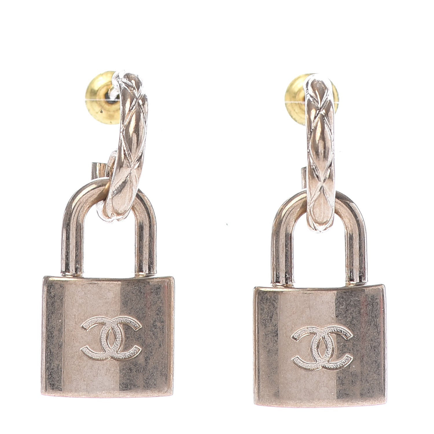 Chanel Metal Lock Drop Earrings Light Gold 1 of 5