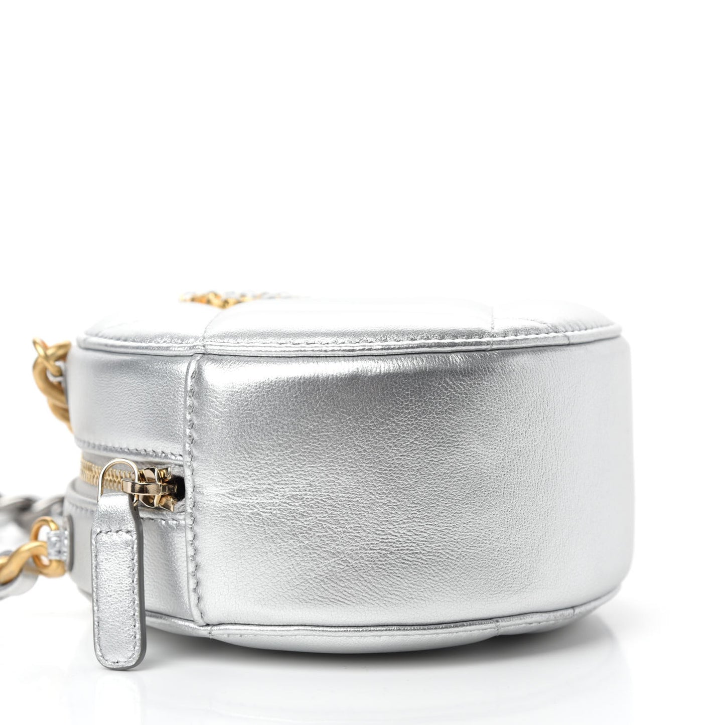 Metallic Lambskin Quilted Chanel 19 Round Clutch With Chain Silver