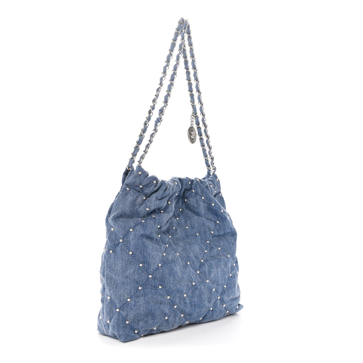 Washed Denim Quilted Studded Small Chanel 22 Blue