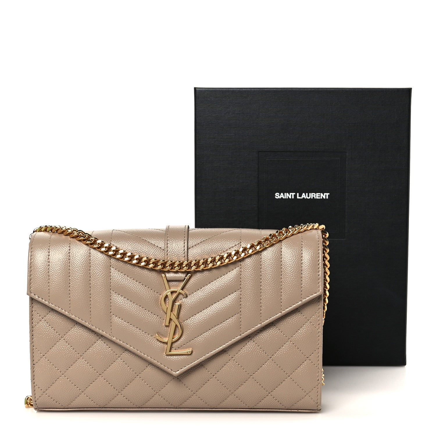 Saint Laurent Grain De Poudre Mixed Matelasse Triquilt Monogram Chain Wallet Dark Beige 10 of 10
