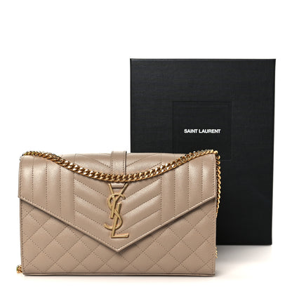Saint Laurent Grain De Poudre Mixed Matelasse Triquilt Monogram Chain Wallet Dark Beige 10 of 10