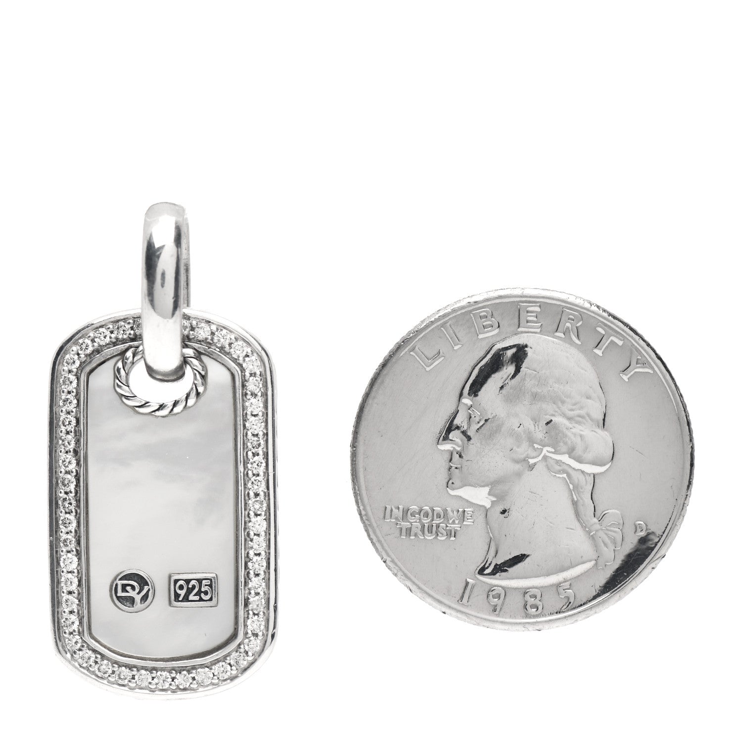 David Yurman Sterling Silver Diamond Mother Of Pearl 16mm Dog Tag Pendant 2 of 3
